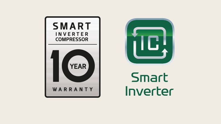Het logo voor 10 jaar garantie op de Smart Inverter Compressor staat naast het Smart Inverter-logo.