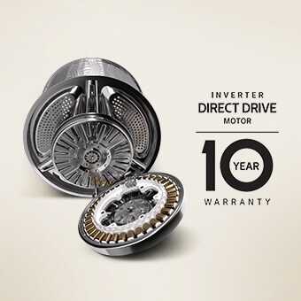 Er is een wasmachinemotor en een INVERTER DIRECT DRIVE MOTOR 10 YEAR WARRANTY-logo.