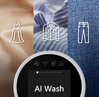Zijde, shirts en jeans worden weergegeven en AI Wash-functies worden beschreven.