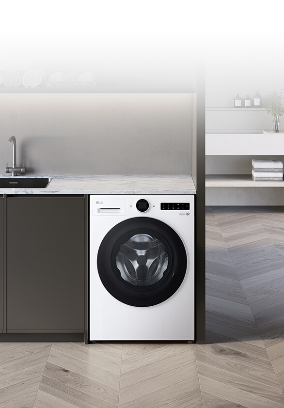 Er staat een wasmachine in de ruimte.