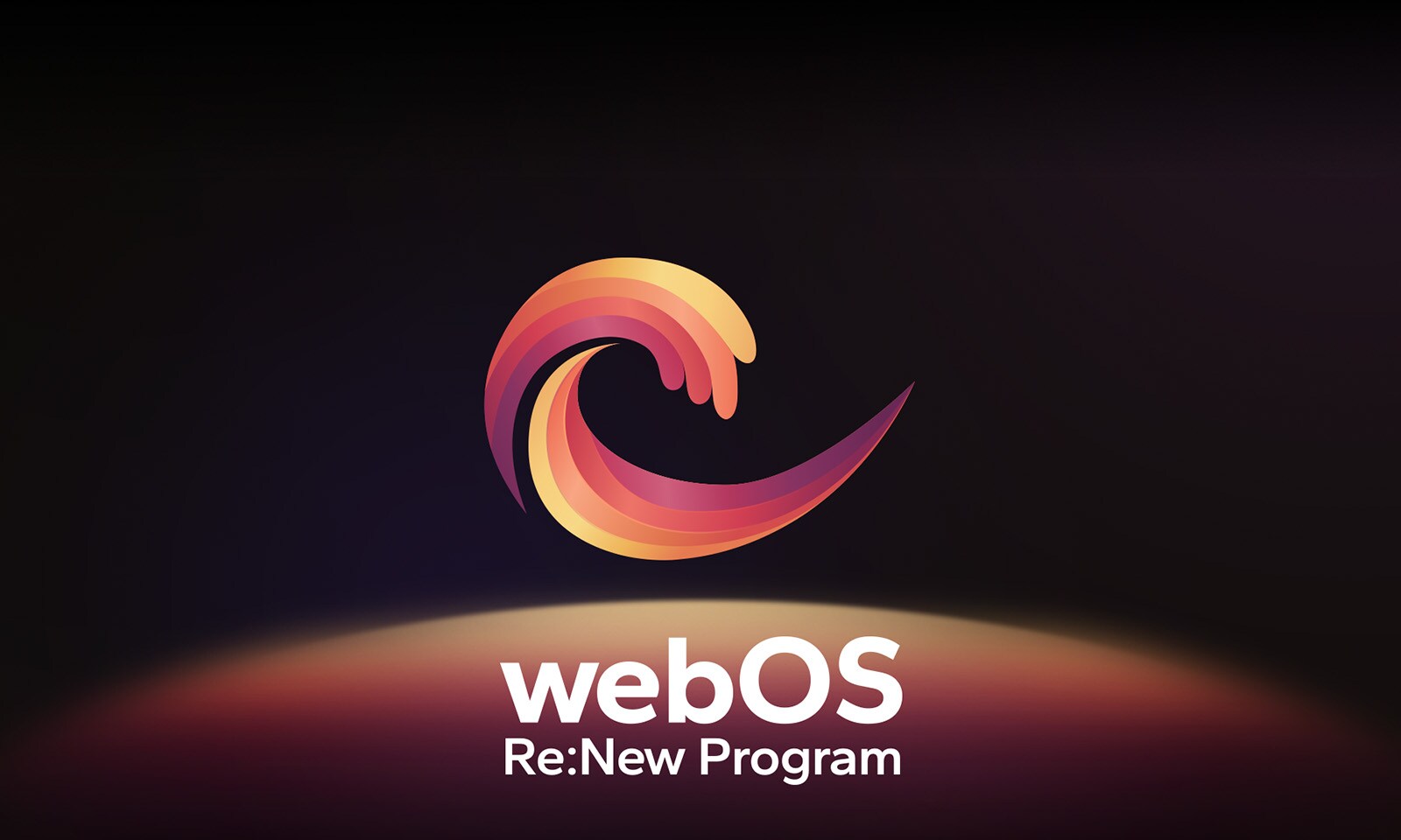 Een afbeelding van het webOS Re:New Program-logo is te zien tegen een zwarte achtergrond, met de bovenkant van een blauwe en paarse circulaire bol onderaan.