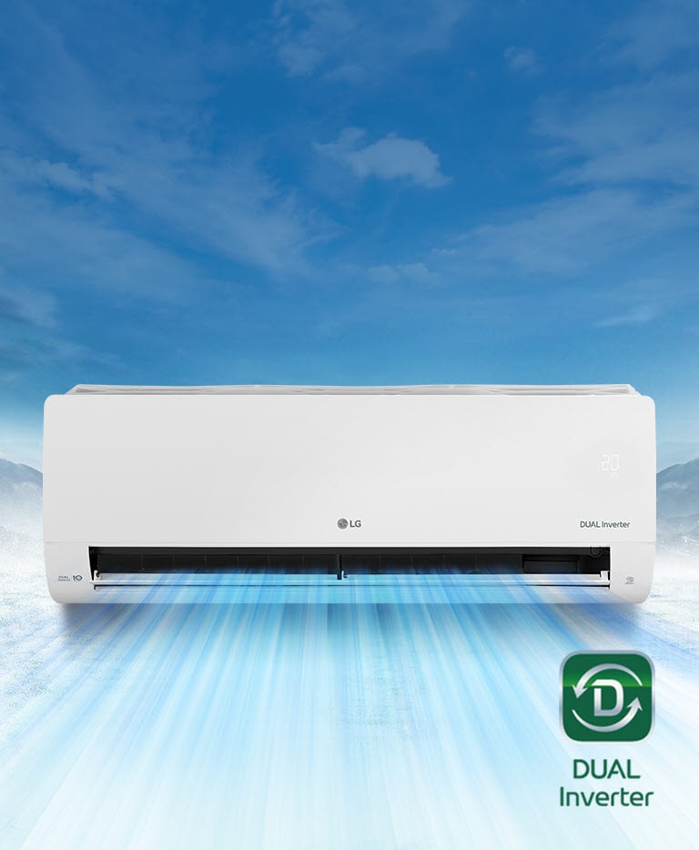 Er is een besneeuwd berglandschap op de achtergrond. Het vooraanzicht van de airconditioner is op de voorgrond en de lucht blaast uit het apparaat. Het LG-logo bevindt zich in het midden van het apparaat, terwijl het Dual Inverter-logo, het ThinQ-logo en het Dual Inverter 10 Year Warranty-logo aan de zijkanten van de voorkant zichtbaar zijn. Het luchtkwaliteitspaneel brandt aan de rechterkant in het groen. Het Dual Inverter-logo staat in de rechter benedenhoek.