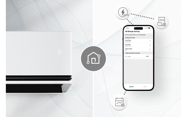 Een airconditioner en een smartphone met LG ThinQ™-scherm. Rondom de mobiele telefoon worden pictogrammen weergegeven die ThinQ-functies introduceren.