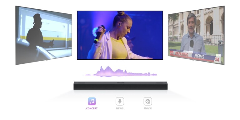 TV toont een concert, het kanaal wordt overgeschakeld naar nieuws en een presentator spreekt, en het kanaal wordt opnieuw overgeschakeld naar een filmscène. De LG soundbar bevindt zich recht onder de tv in de oneindige ruimte. Speel de video af.