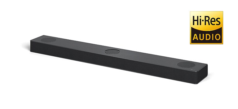 Volledig beeld van LG soundbar met LG logo in de rechterbenedenhoek van een product. Het Hi-Res AUDIO logo staat rechts of op de afbeelding.