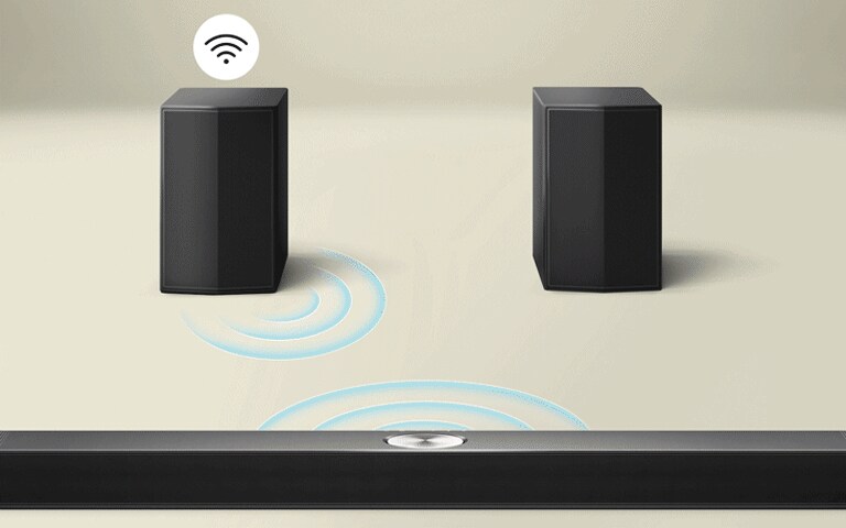 De luidsprekers achter in de ruimte staan tegenover een LG Soundbar met blauwe bogen die de connectiviteit tussen de luidspreker en de soundbar illustreren. Boven deze luidsprekers staat een zwart-wit connectiviteitssymbool.