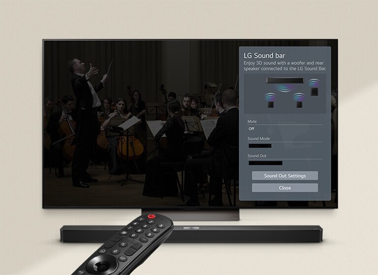 LG Remote is gericht op een LG TV met LG Soundbar eronder. LG TV geeft het WOW Interface-menu weer op het scherm.