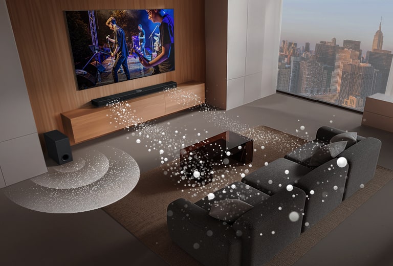 LG Soundbar, LG TV en een subwoofer staan in een huiskamer met een muziekoptreden in beeld. De soundbar stoot twee takken van witte geluidsgolven gemaakt van druppels uit en de subwoofer maakt van onderen een geluidseffect.