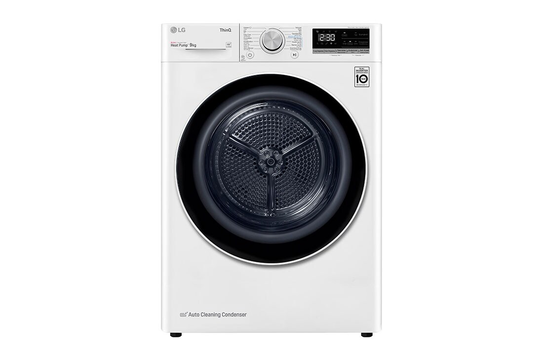 Vooraanzicht van 9kg DUAL Inverter Warmtepomp Droger Wit | Eco Hybrid™ | Allergy Care™ | Auto Cleaning Condenser, RH90V5AV6N