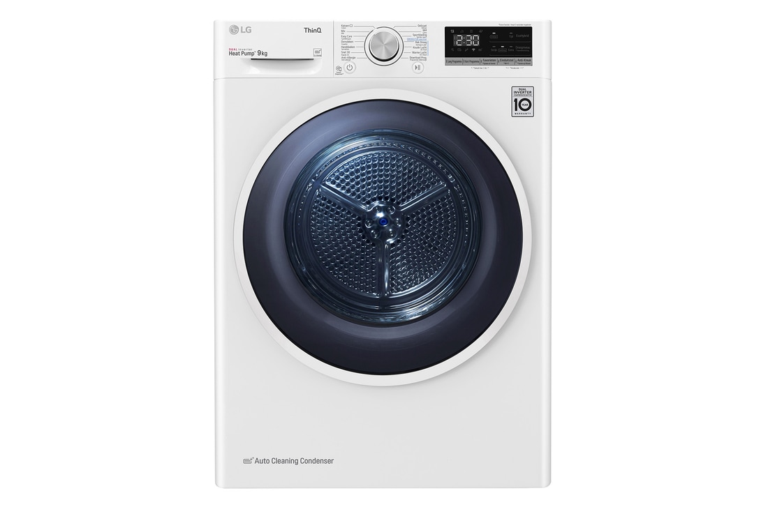 Vooraanzicht van 9kg DUAL Inverter Warmtepomp Droger Wit | Eco Hybrid™ | Allergy Care™ | Auto Cleaning Condenser, RH90V5AV6N
