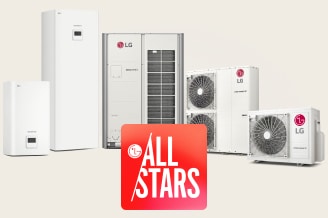 Het LG All Stars-logo staat in het midden en daarachter staan vijf LG lucht-water-warmtepompen THERMA V.