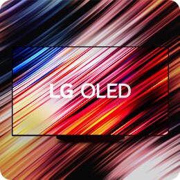 Kleurrijke strepen worden getoond op het LG OLED-scherm en breiden zich uit van de televisie naar de achtergrond.