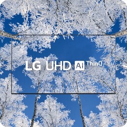 TV en LG UHD logo is geplaatst in het midden - ijzige winterbomen zijn te zien op de tv en de achtergrond.