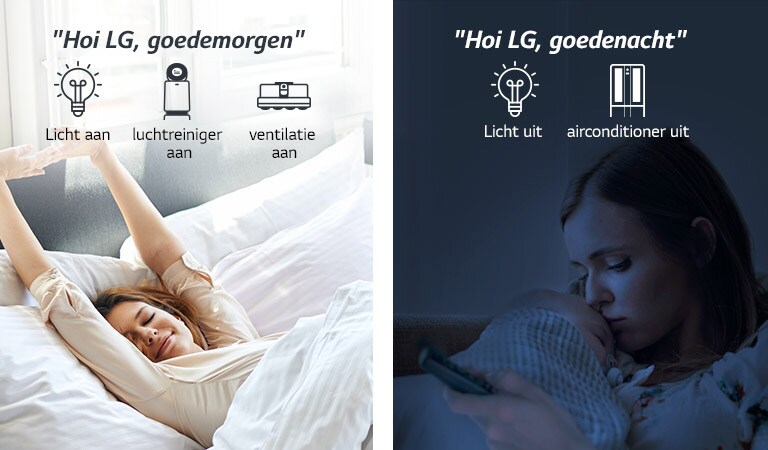 Een vrouw in bed die 's morgens wakker wordt (links) en 's avonds met een baby (rechts)