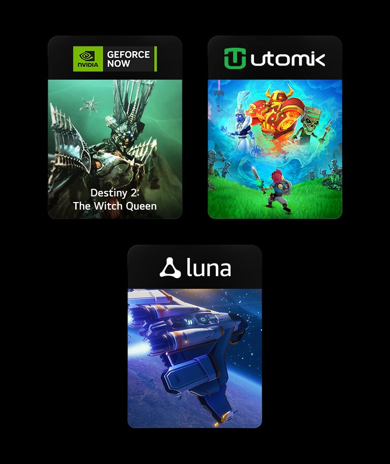 Er zijn drie beeldblokken, elk met het logo en de spelafbeeldingen van GeForce NOW, Utomik en Luna.