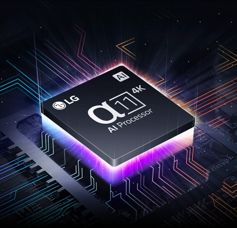 De alpha 11 AI Processor 4K van LG, nauwelijks zichtbaar in het donker. De AI Processor licht paars en groen op en er komen kleurrijke lichtstralen uit. Meer lichtstralen verschijnen over het moederbord, die zich steeds verder uitstrekken.