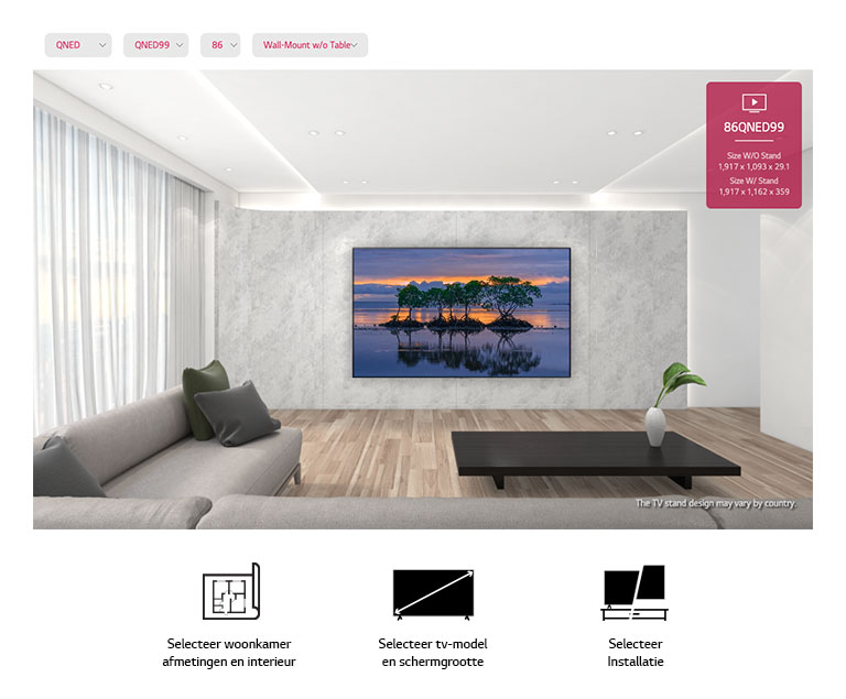 Een grote flatscreen-tv tegen een grijze muur, omringd door modern grijs en zwart meubilair. Het scherm toont drie bomen die worden weerspiegeld in water in een zonsondergangsscène.