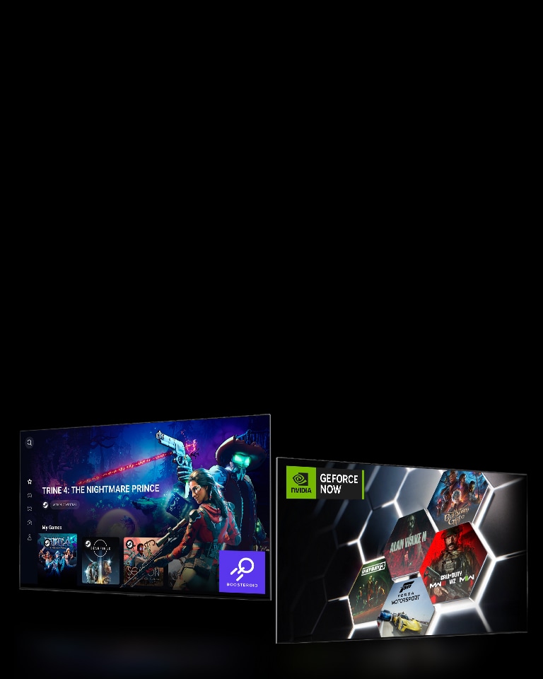 Twee TV-schermen staan naast elkaar. De ene toont het startscherm van Boosteroid en de ander toont het startscherm van GeForce NOW. 