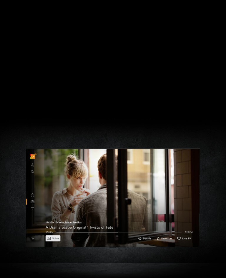 Een gebruiker selecteert LG Channels vanuit het startscherm van de LG TV. De cursor klikt vervolgens om door te gaan met het kijken naar een favoriete dramaserie. 