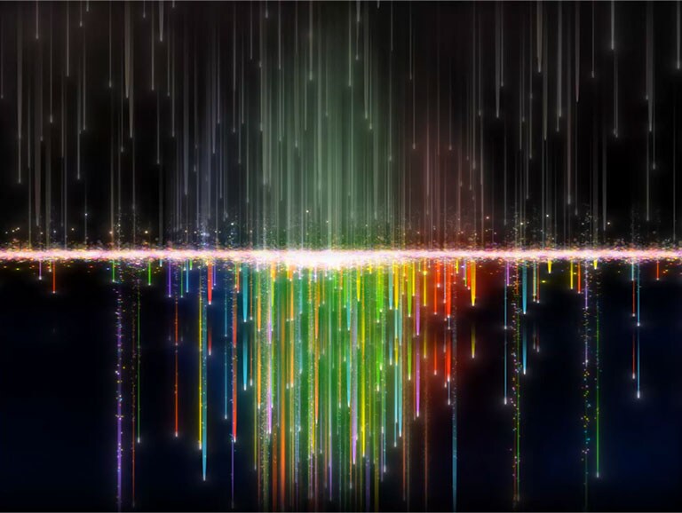 Veelkleurige pixels stromen over een scherm dat door nanodeeltjesfilters gaat, waarna de deeltjes helderder en duidelijker worden.