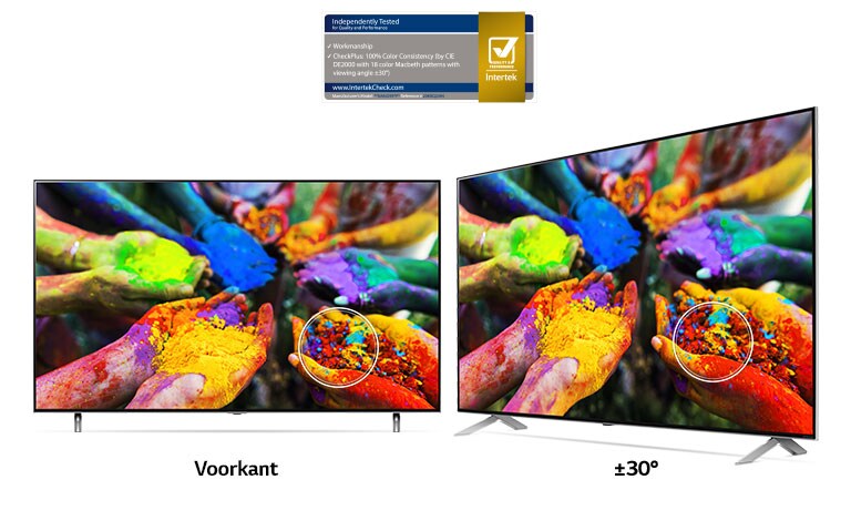 Twee LG NanoCell TV's naast elkaar waarop een beeld te zien is van handen die veelkleurige kleurstofdeeltjes vasthouden vanuit twee verschillende kijkhoeken. Het beeld blijft consistent levendig en accuraat vanuit beide hoeken.