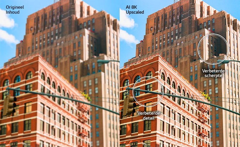 Zij-aan-zij beeld van rode stadsgebouwen. Het beeld rechts is scherper en helderder, en laat zien hoe het beeld zou worden verbeterd met AI 8K-upscaling.