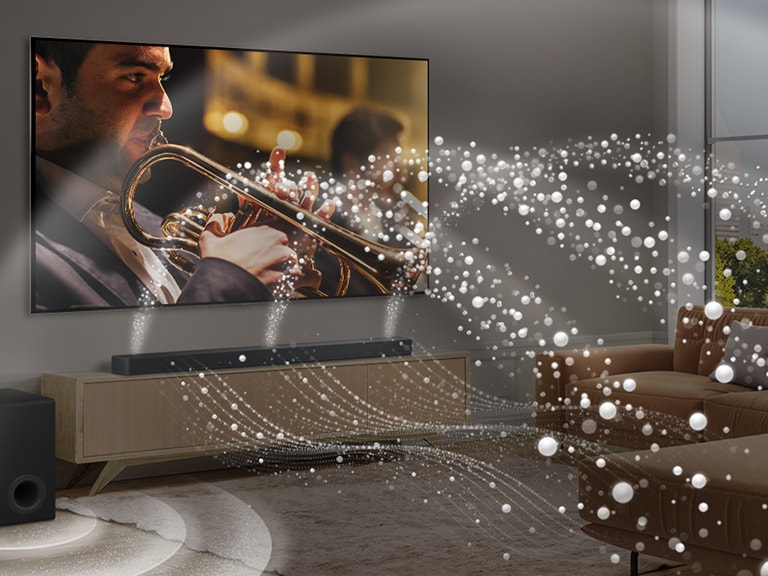 LG Soundbar, LG TV en een subwoofer in een modern appartement in de stad. LG Soundbar vult de ruimte met geluidsgolven gemaakt van witte druppels en een subwoofer creëert van onderen een geluidseffect. Het geheel creëert een geluidskoepel in de ruimte.