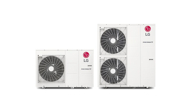 LG THERMA V Hydrosplit units line up. The Hydro box and Integrated water tank are on the left and right, and the outdoor unit is at the center.