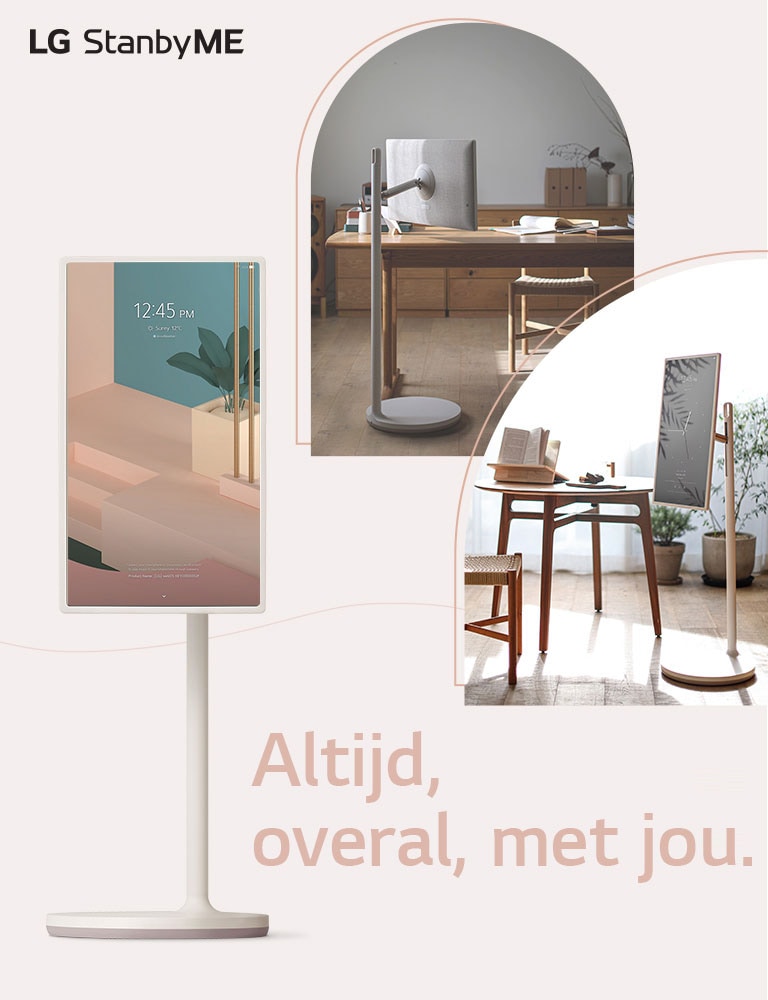 TV staat in de buurt van tekst - "Altijd, overal, met jou". Tekst is in donkerroze geschreven. Er zijn twee lifestyle-interieurfoto's bijgesneden in gebogen lijnen - elk met een tv in de studeerkamer en de woonkamer. Het LG StanbyME logo staat in de rechterbovenhoek op desktop en in de linkerbovenhoek op mobiele weergave.