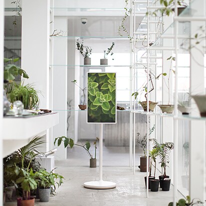 StanbyME is geplaatst in een witte botanische tuin, naar voren gericht. Het scherm toont een close-up van een groene bladplant.