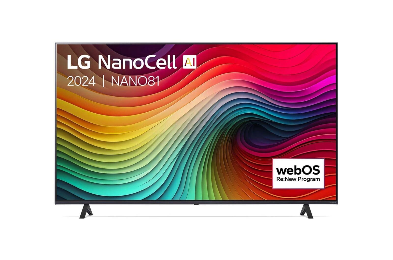 Vooraanzicht van LG NanoCell TV, NANO81 met tekst van LG NanoCell, 2024, en webOS Re:New Program-logo op het scherm