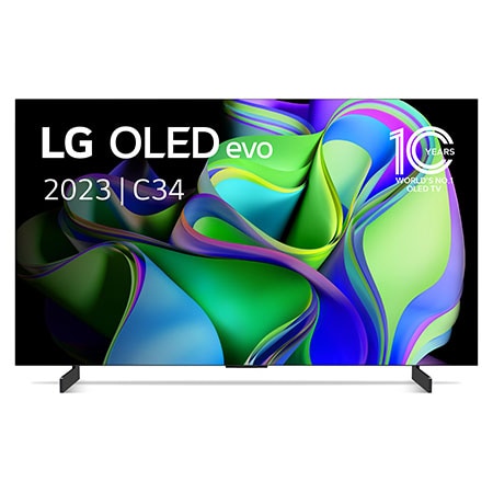 Vooraanzicht met LG OLED evo en 10 jaar nr. 1 OLED-embleem op het scherm, evenals de soundbar eronder. 