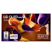 LG 55 Inch LG OLED evo AI G4 4K Smart TV 2024, Vooraanzicht van LG OLED evo AI TV, OLED G4, 11 jaar wereldwijd nummer 1 OLED-embleem, webOS Re:New Program-logo en 5 jaar paneelgarantielogo op het scherm, OLED55G45LW