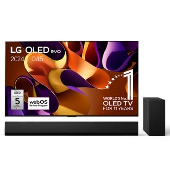 Vooraanzicht met LG OLED evo TV, OLED G4, 11 jaar wereldwijd nummer 1 OLED-embleem, en 5 jaar paneelgarantielogo op het scherm