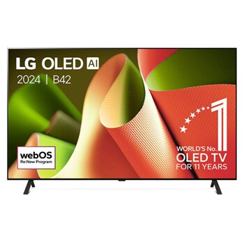 Vooraanzicht van LG OLED evo TV, OLED C4, 11 jaar wereldwijd nummer 1 OLED-embleemlogo en webOS Re:New Program-logo op het scherm