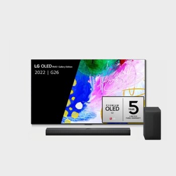 LG 65'' G2 OLED evo Gallery Edition, Vooraanzicht met LG OLED evo Gallery Edition op het scherm, OLED65G26LA