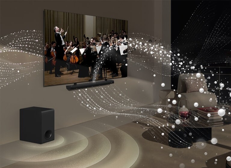 LG Soundbar, LG TV en een subwoofer staan in een huiskamer met een muziekoptreden in beeld. Witte druppels maken geluidsgolven die omhoog en vooruit schieten vanuit de soundbar en uit de TV komen. Een subwoofer maakt een geluidseffect van onderen.