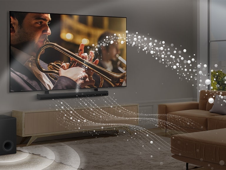 LG Soundbar, LG TV en een subwoofer in een modern appartement in de stad. LG Soundbar vult de ruimte met geluidsgolven gemaakt van witte druppels en een subwoofer creëert van onderen een geluidseffect. Het geheel creëert een geluidskoepel in de ruimte.