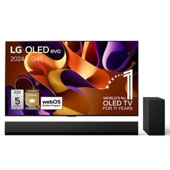Vooraanzicht met LG OLED evo TV, OLED G4, 11 jaar wereldwijd nummer 1 OLED-embleem, en 5 jaar paneelgarantielogo op het scherm