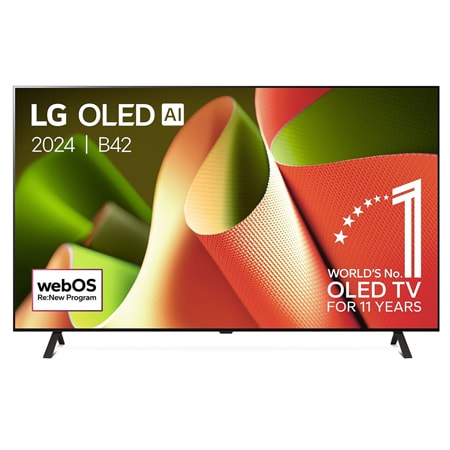 Vooraanzicht van LG OLED evo TV, OLED C4, 11 jaar wereldwijd nummer 1 OLED-embleemlogo en webOS Re:New Program-logo op het scherm