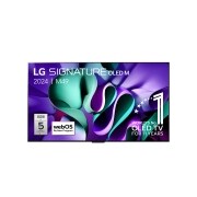 Vooraanzicht met LG OLED evo TV, OLED M4, 11 jaar wereldwijd nummer 1 OLED-logo, webOS Re:New Program-logo, 5 jaar paneelgarantie-logo op het scherm en een Zero Connect Box met 4K 144Hz draadloze vide