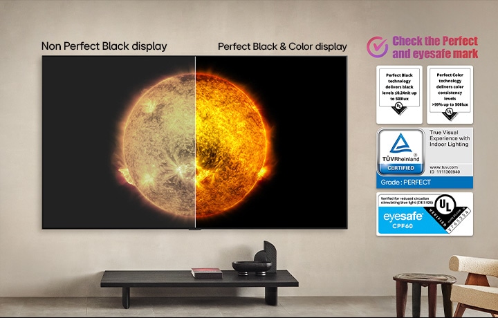 LG OLED TV toont een visuele vergelijking tussen een scherm met Perfecte kleur en Perfect zwart en een scherm zonder deze technologieën. UL-, TUV- en eyesafe-certificeringen zijn zichtbaar met een tekst die aangeeft dat de markeringen moeten worden gecontroleerd.