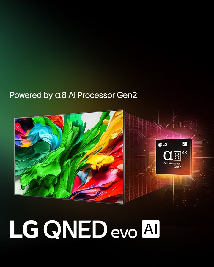 De LG QNED TV staat enigszins schuin naar links gericht en toont kleurrijke verfachtige texturen die samenkomen in rood, geel, groen, blauw en paars. Achter de tv bevindt zich de alpha 8 4K AI Processor die oranje en roze licht uitstraalt. Het logo van LG QNED evo AI staat linksonder. De achtergrond is een kleurrijk groen verloop. Er is ook tekst zichtbaar: Powered by LG alpha AI processor.	