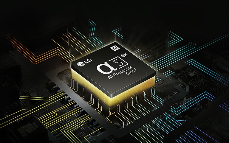 LG's alpha 5 AI Processor 4K Gen7 met daaronder geel licht en kleurrijke printplaatlijnen die aftakken van de AI Processor.