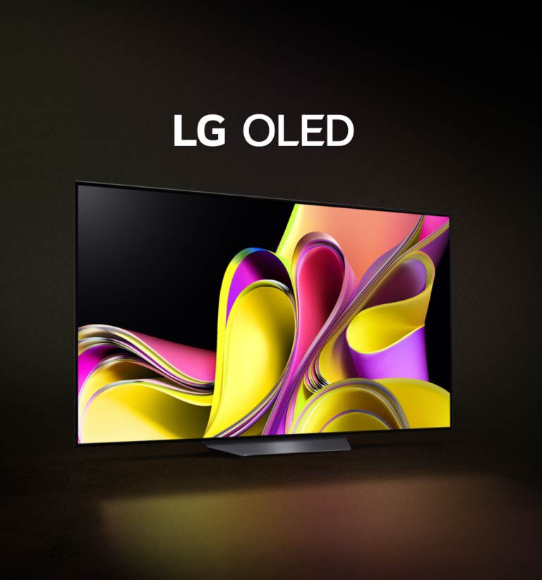 Een video opent met een zwarte achtergrond, en de LG OLED B3 verschijnt geleidelijk aan met een kleurrijk abstract kunstwerk op het scherm. De tv verschijnt en de woorden LG OLED verschijnen in het wit.