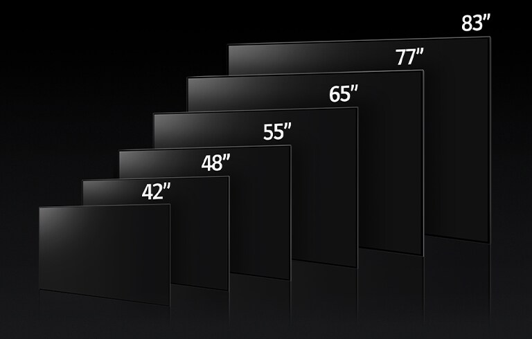 Een afbeelding die de verschillende formaten van de LG OLED C3 vergelijkt, met 42", 48", 55", 65", 77" en 83".