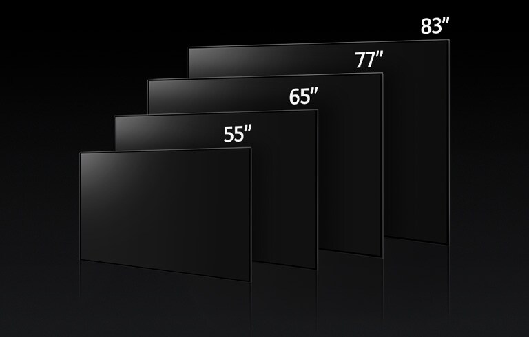 Een afbeelding die de verschillende formaten van de LG OLED G3 vergelijkt, met 55", 65", 77" en 83".