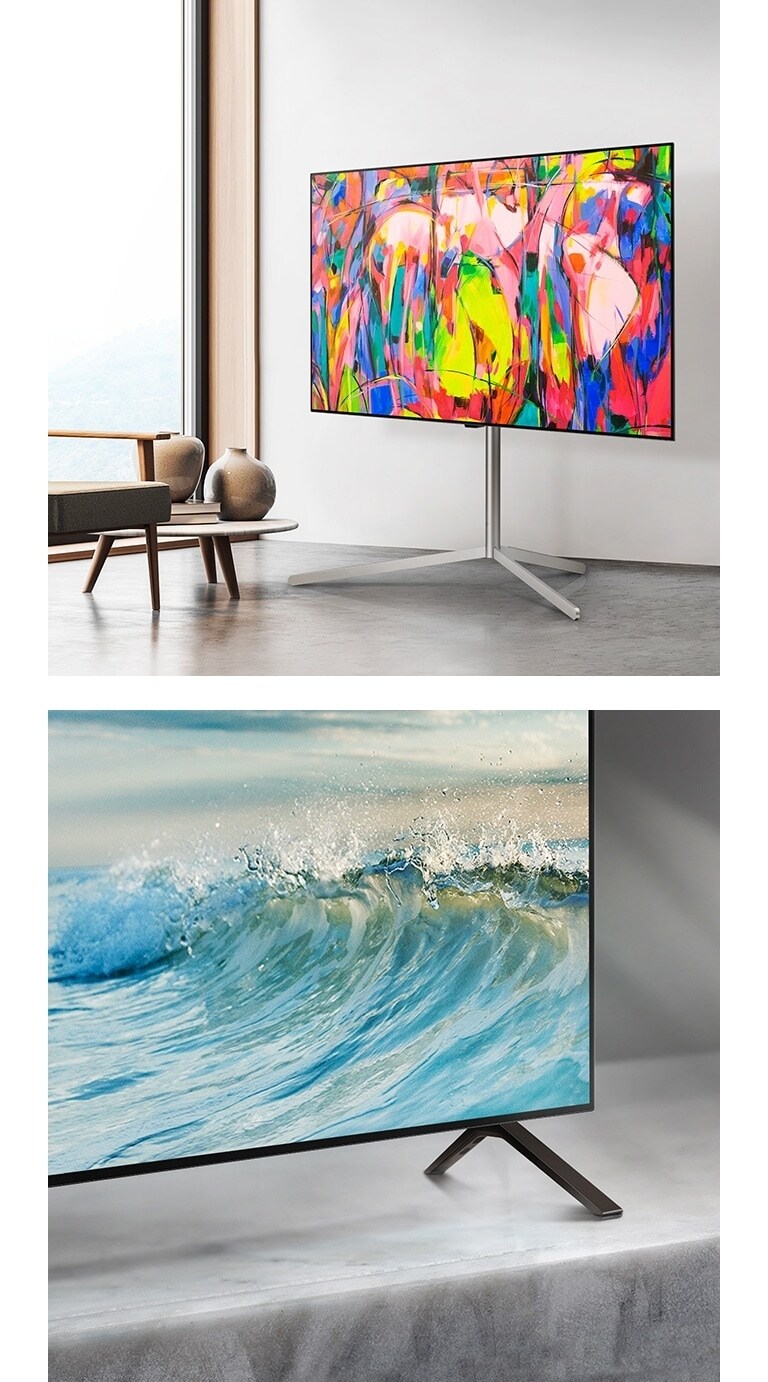 Een benedenhoek van de standaard van LG OLED TV, OLED B4 op een marmeren oppervlak. Er is een vaalblauwe golf op het scherm te zien.   LG OLED TV, OLED B4 op een standaard in een minimalistische ruimte.