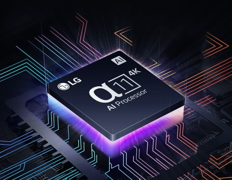 De alpha 11 AI Processor 4K van LG, nauwelijks zichtbaar in het donker. De AI Processor licht paars en groen op en er komen kleurrijke lichtstralen uit. Er verschijnen meer lichtstralen over het moederbord, die steeds verder gaan. Witte stippen als sterren komen in zicht, die de indruk van een sterrenstelsel geven.