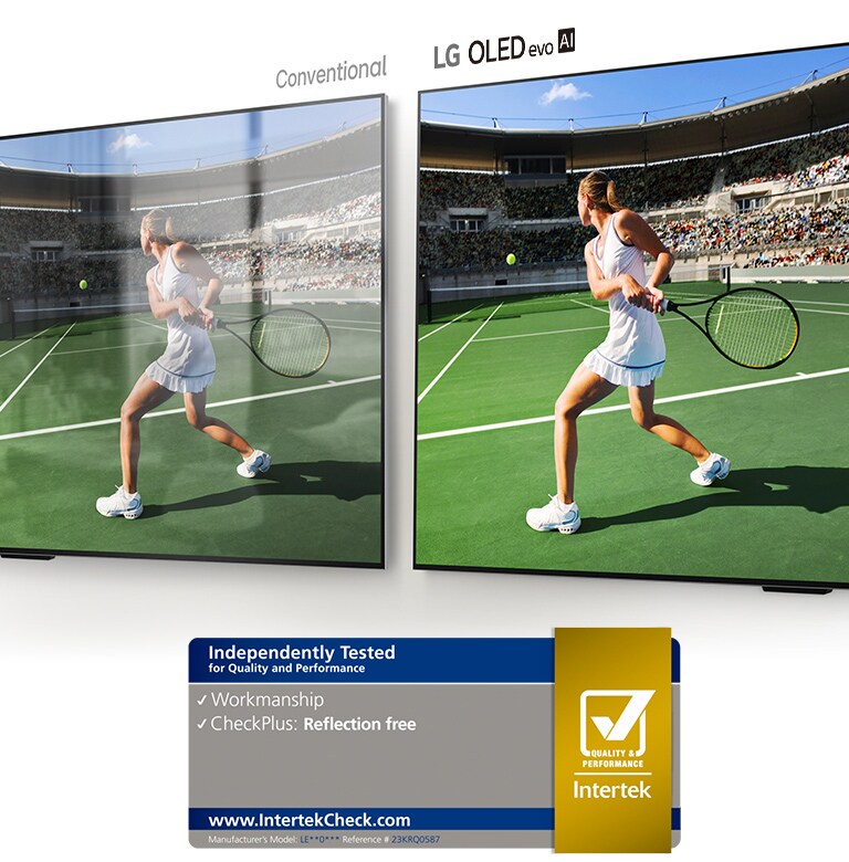 Aan de linkerzijde is een tennisser in een stadion op een normale tv te zien, waarbij de ruimte reflecteert op het scherm. Aan de rechterzijde is hetzelfde beeld van een tennisser in een stadion te zien op de LG OLED evo AI G4, zonder reflectie van de ruimte, en het beeld ziet er helderder en kleurrijker uit.